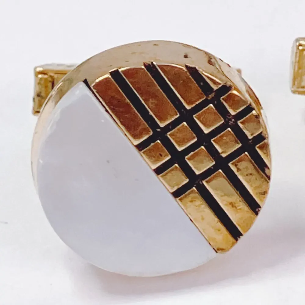 Vintage Modernist Geometric Cufflinks Mother Of Pearl Gold Tone 1960s 1970s